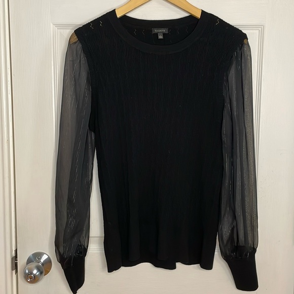 Talbots Woven Sheer Sleeve Black Crewneck Pullover Sweater Size Large - Picture 1 of 12